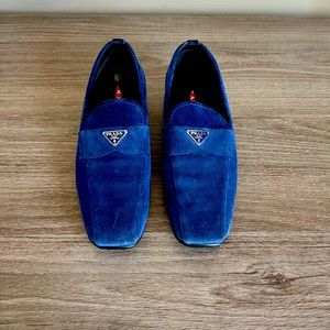 Prada, Blue suede loafers. Gently used, very comfy and nice arch support.